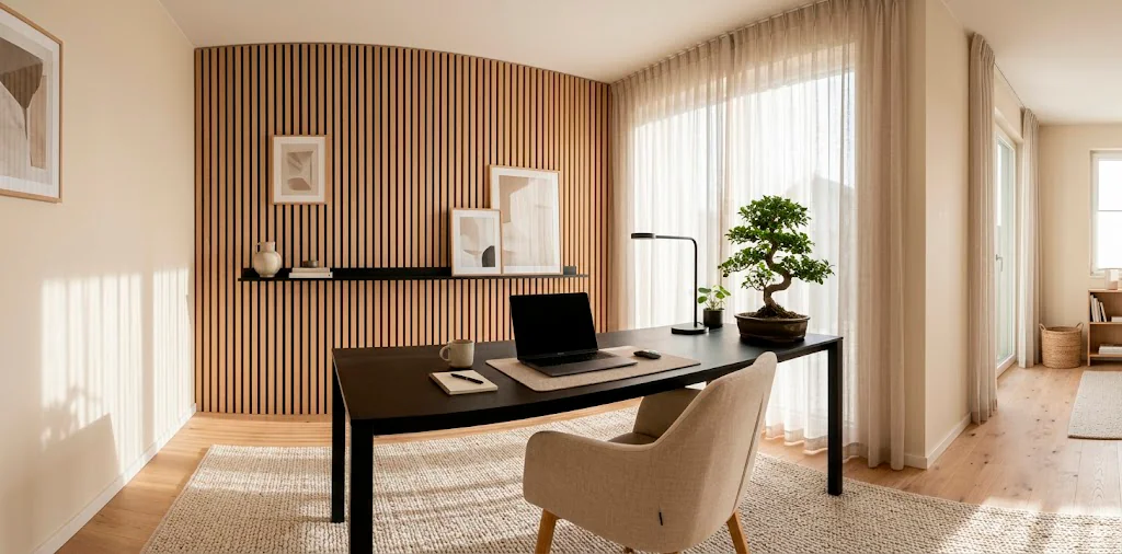 Wide view of a Japandi style home office featuring a light oak slatted wood wall and a minimalist black desk.