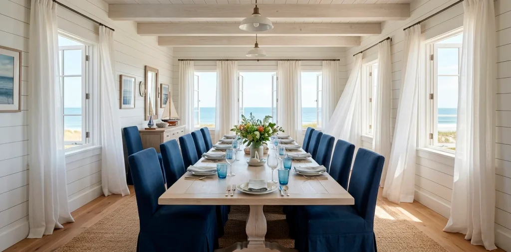 Breezy coastal dining room featuring a whitewashed table, navy blue chairs, and crisp white shiplap walls.