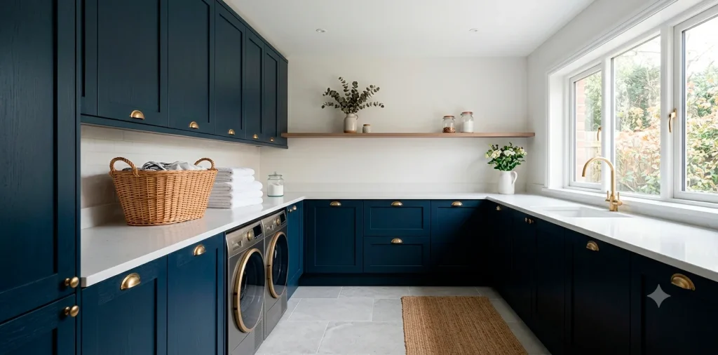 Beautifully styled modern laundry room featuring navy cabinets with brushed brass cup hardware