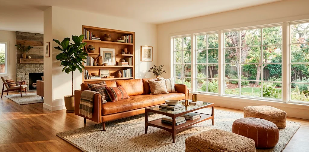 Elegant living room showcasing rich cognac leather accents for a timeless style