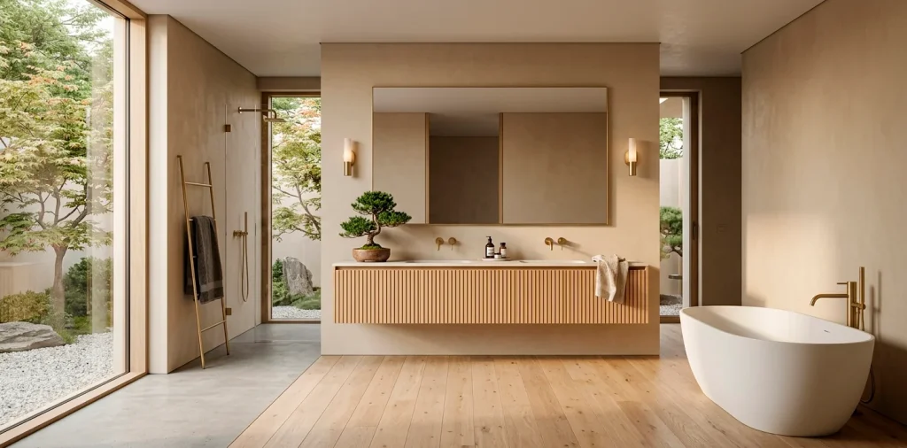 Wide view of a modern Japandi bathroom featuring soft neutral beige walls, an oak vanity, and a matte white tub