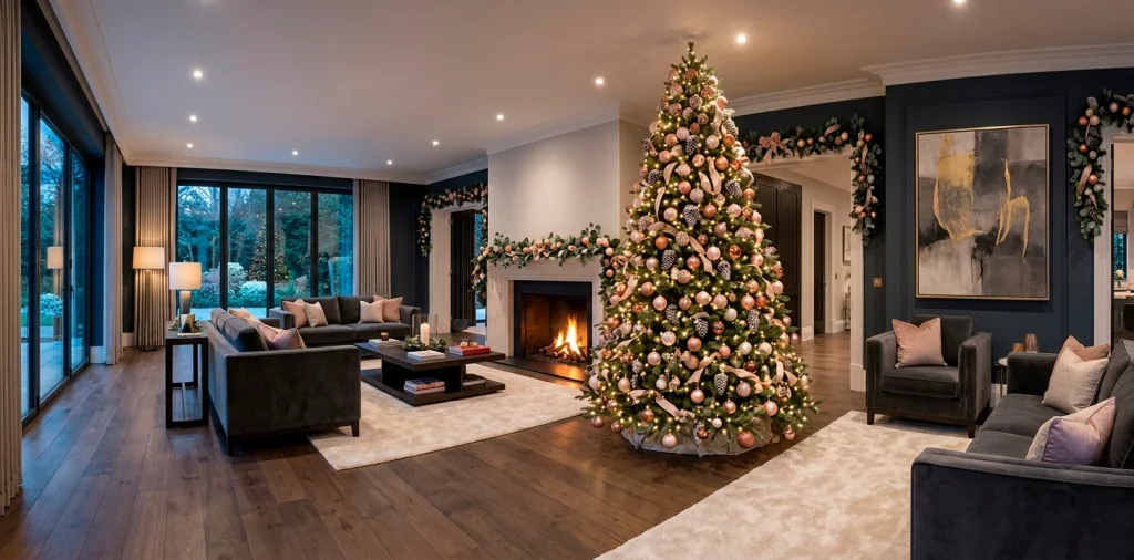 Luxurious blush pink Christmas tree styled elegantly in a sophisticated modern living room setting.