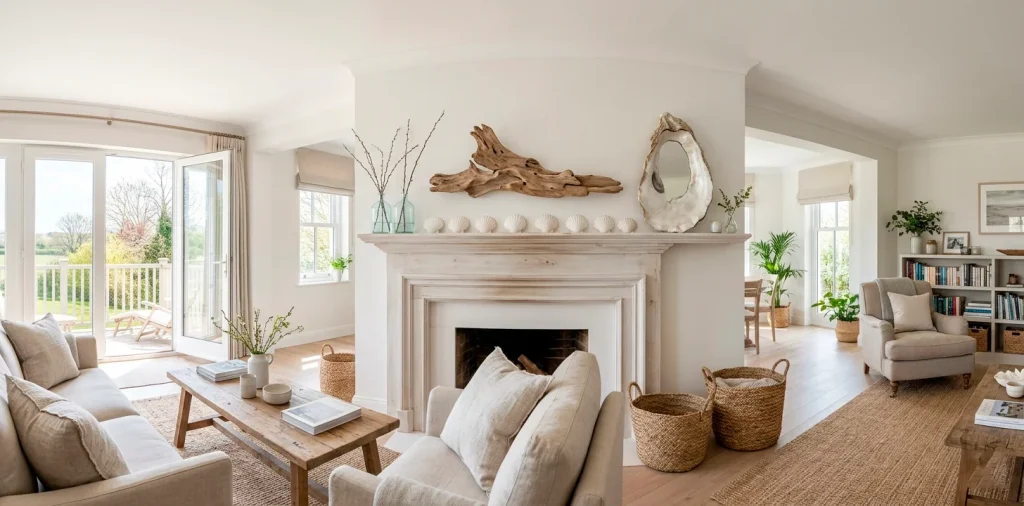 Beautifully styled spring living room mantle featuring weathered driftwood, white shells, and coastal decor.
