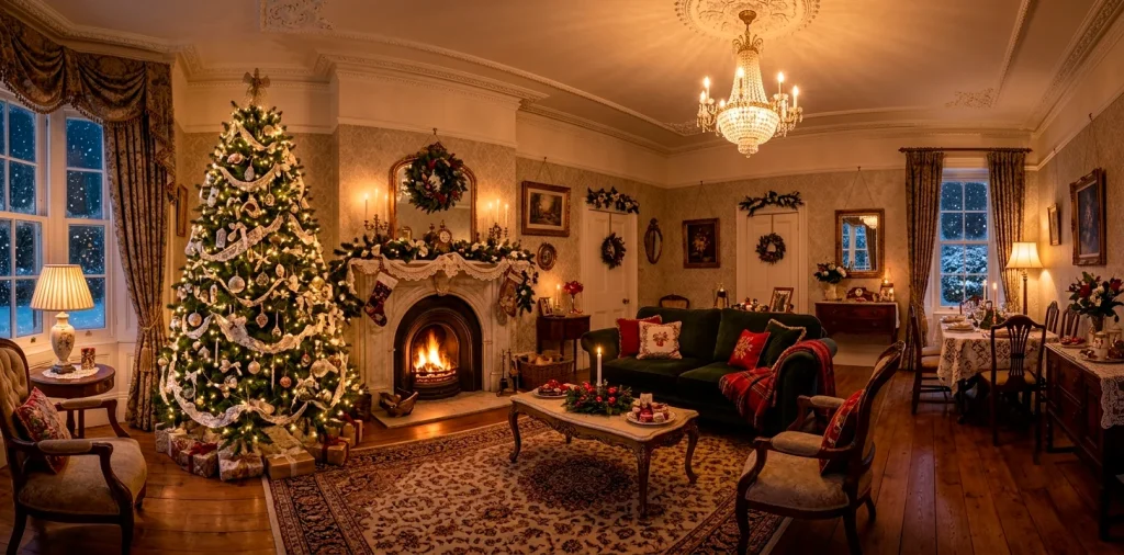 Cozy vintage living room featuring a Christmas tree decorated with antique Victorian lace garlands and soft glowing lights.
