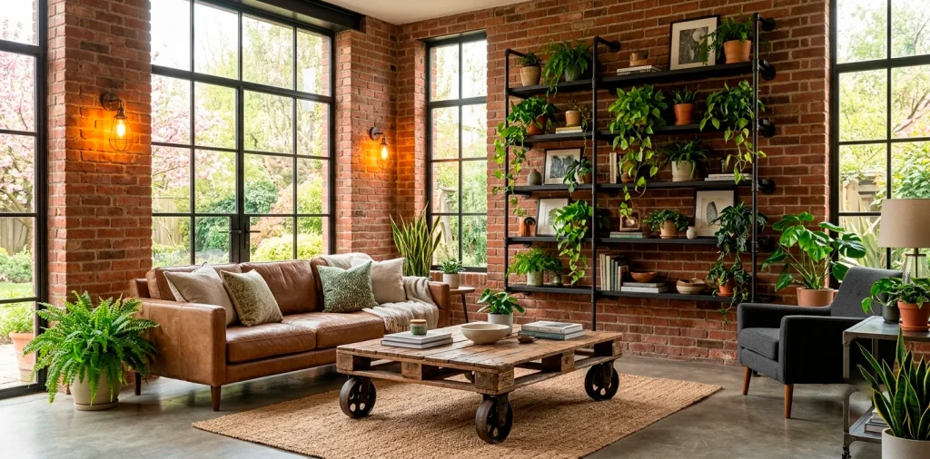 Industrial chic living room featuring matte black pipe shelves, a wood pallet coffee table, and exposed brick walls.