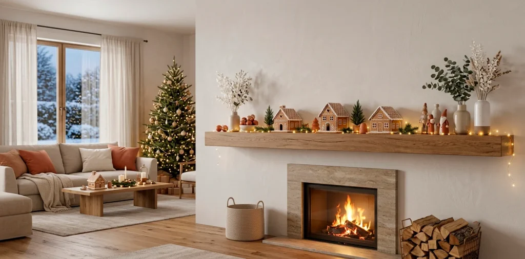 Minimalist living room decorated with simple gingerbread houses on a wooden mantel and warm lights.
