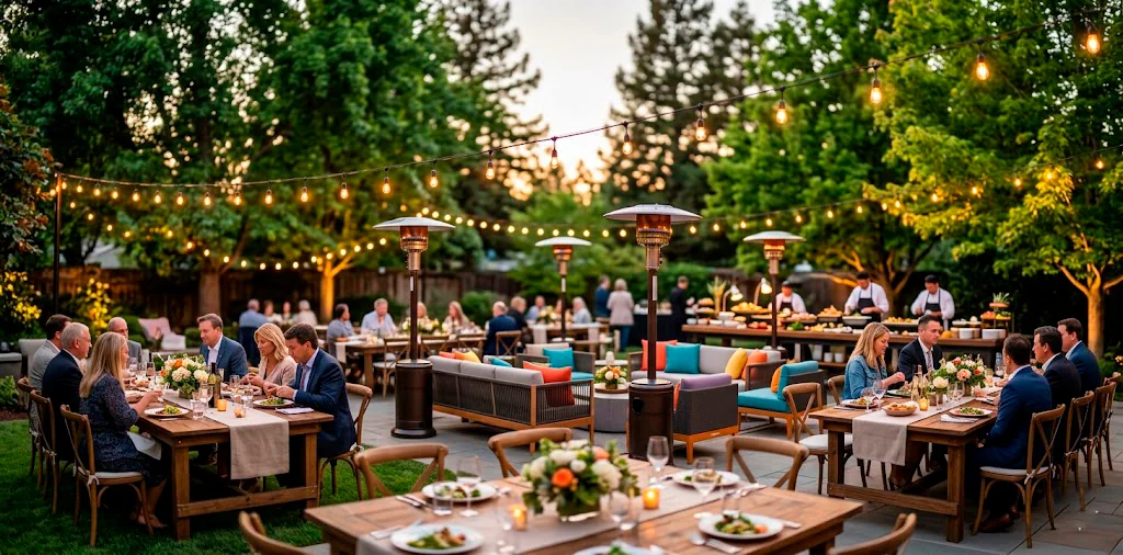 Beautifully illuminated backyard setup for a large party with string lights and rustic tables at dusk