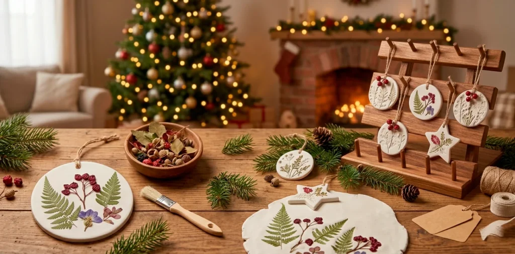 Aesthetic holiday DIY setup with stamped botanical clay ornaments and fresh pine sprigs on a rustic wooden table