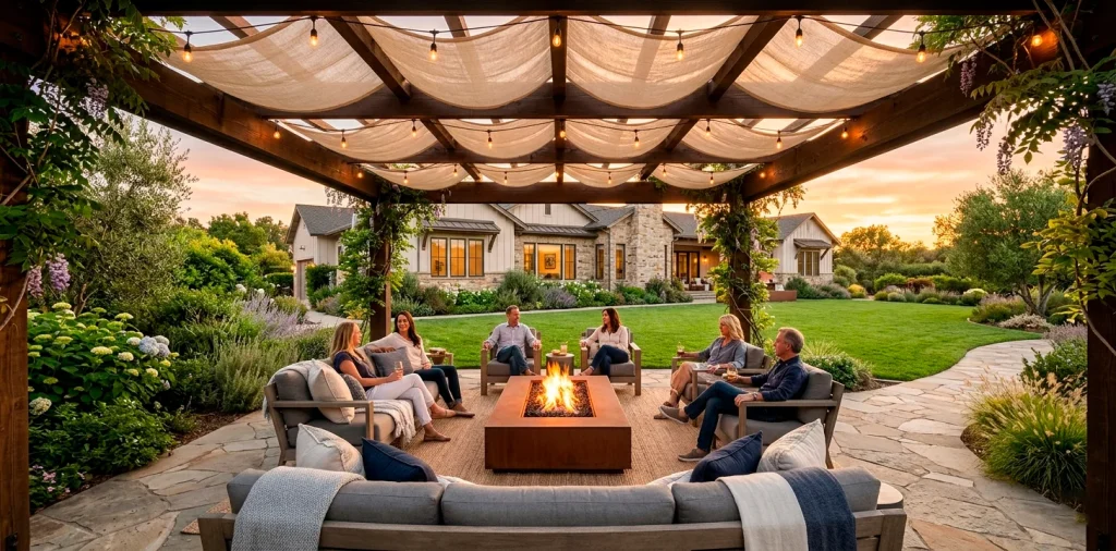Luxurious backyard cedar pergola with string lights and comfortable seating at sunset.