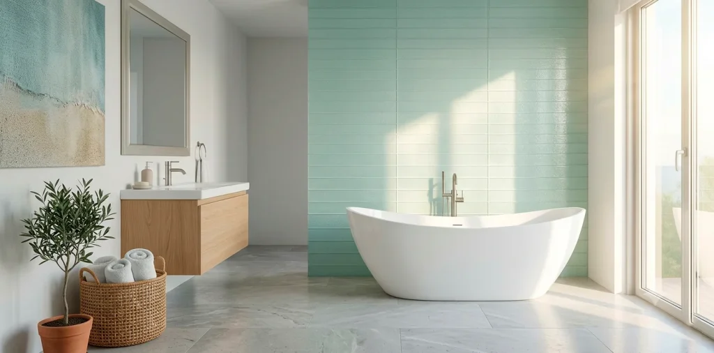 Modern coastal bathroom with seafoam green frosted glass tiles and a freestanding bathtub