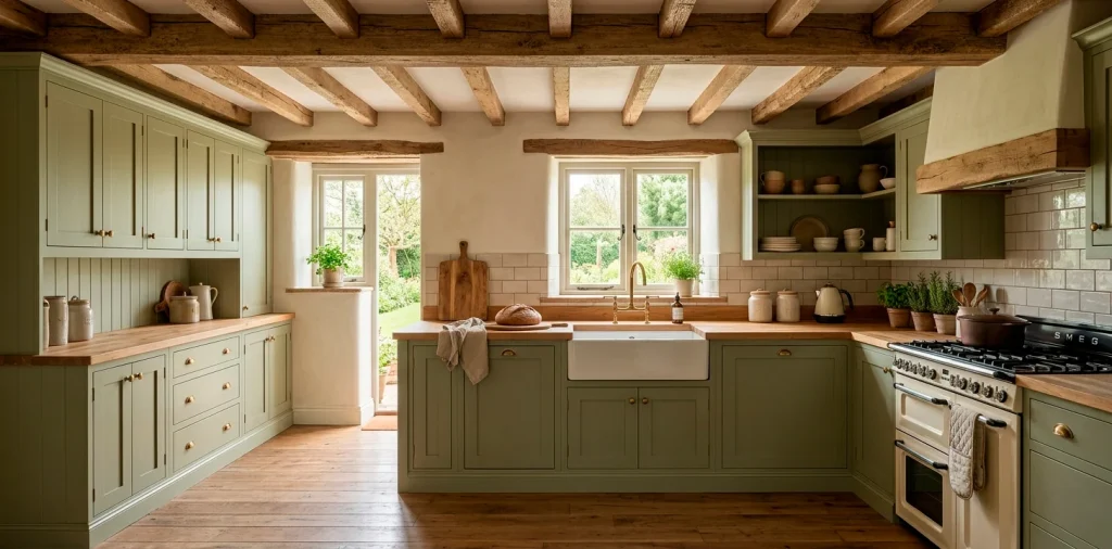Rustic country kitchen featuring beautiful sage green cabinetry and natural wood elements