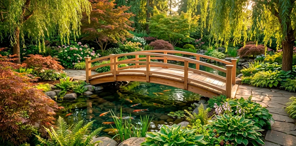 Beautiful arched wooden bridge over a romantic backyard pond surrounded by lush landscaping