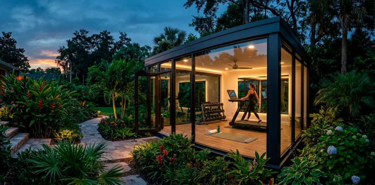 Modern glass-walled backyard garden gym illuminated at twilight with lush landscaping and sleek workout equipment.