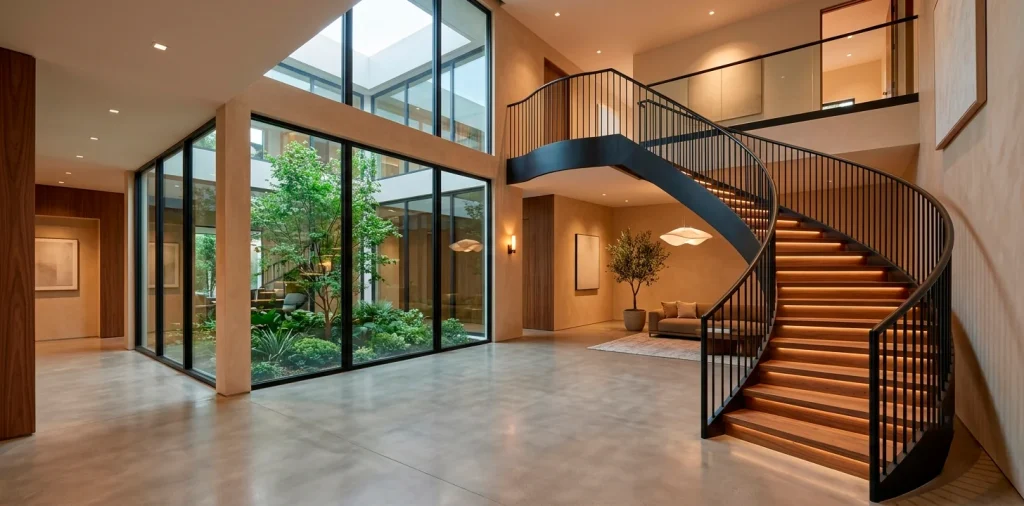 Freshly painted matte black mild steel staircase railing in a modern home entryway