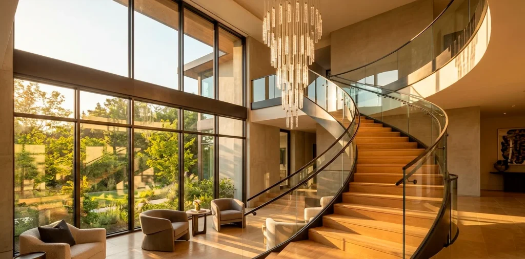 Modern double-height staircase with oversized windows and elegant cascading chandelier lighting.
