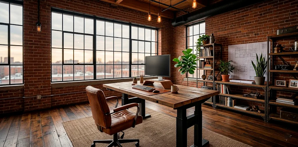A modern industrial home office featuring a reclaimed wood standing desk with a black steel frame against an exposed brick wall.