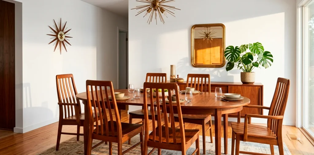 A beautiful mid-century modern dining room featuring a rich walnut oval table and teak slat-back chairs.