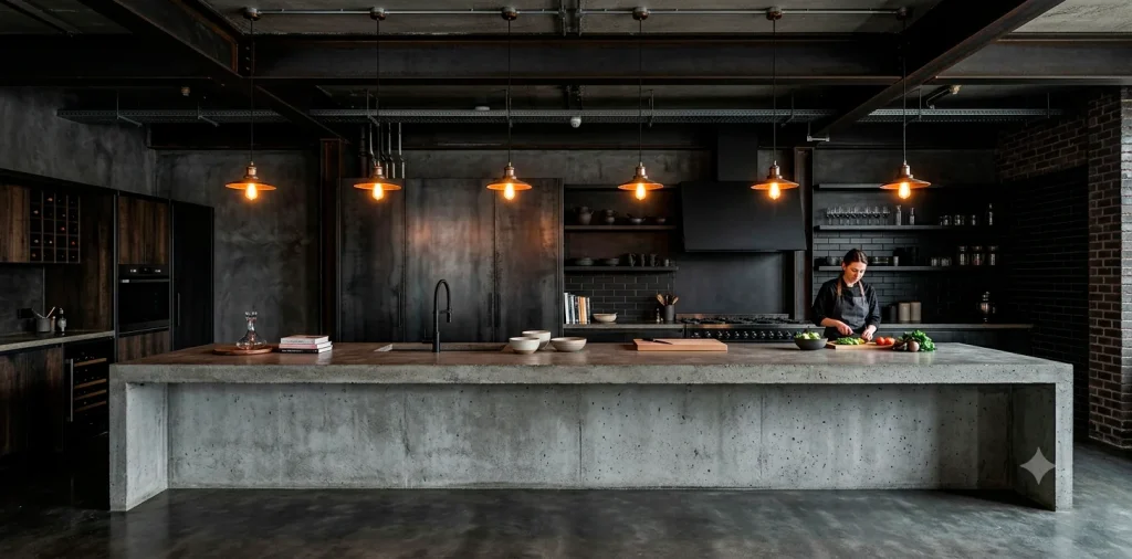 Modern moody industrial kitchen with poured concrete island and exposed steel architectural beams
