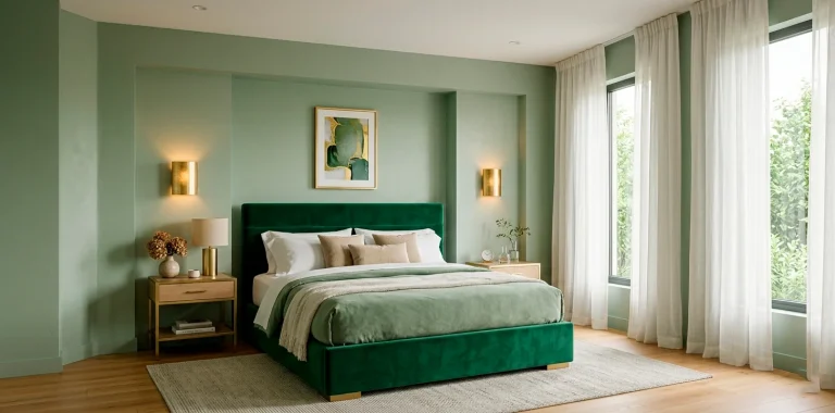 A luxurious bedroom featuring sage green walls, a velvet headboard, and elegant brushed gold lighting fixtures and accents.