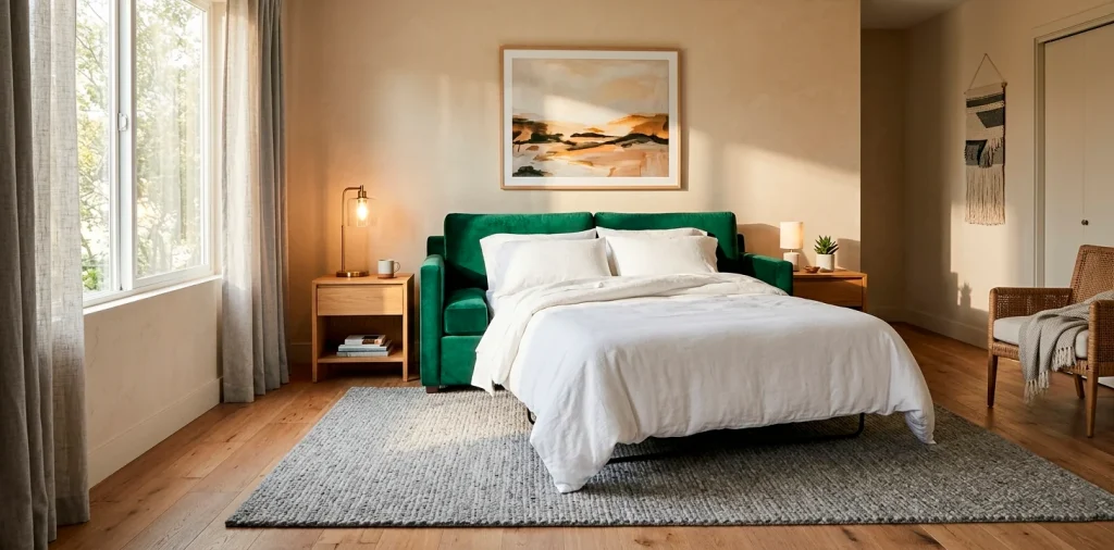 Elegant emerald green velvet sofa bed in a brightly lit modern guest room setup.