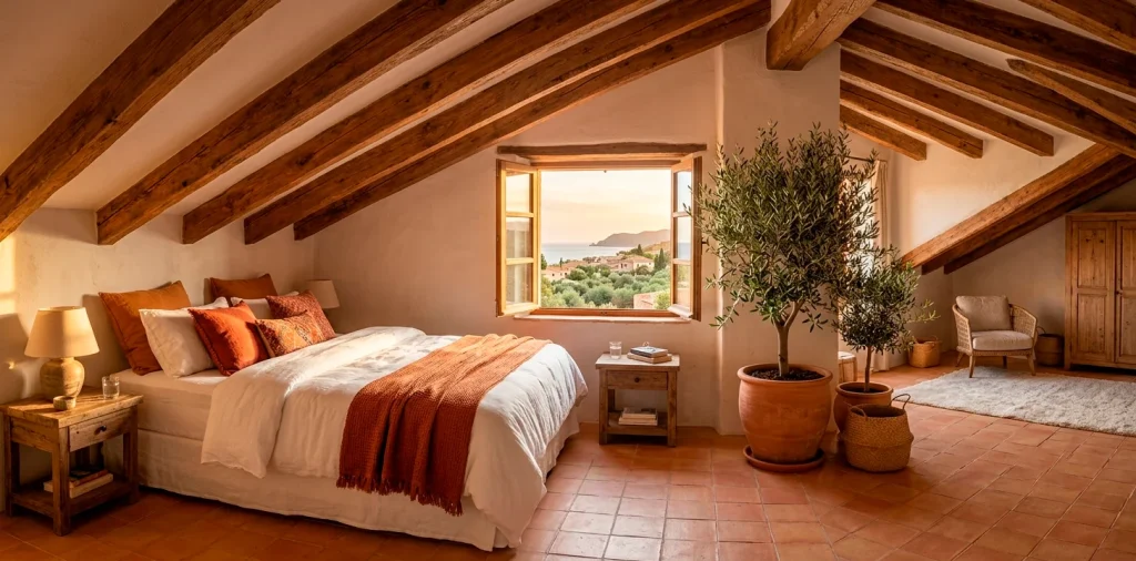 Cozy Mediterranean attic bedroom with terracotta floors, exposed wooden beams, and warm sunset lighting.