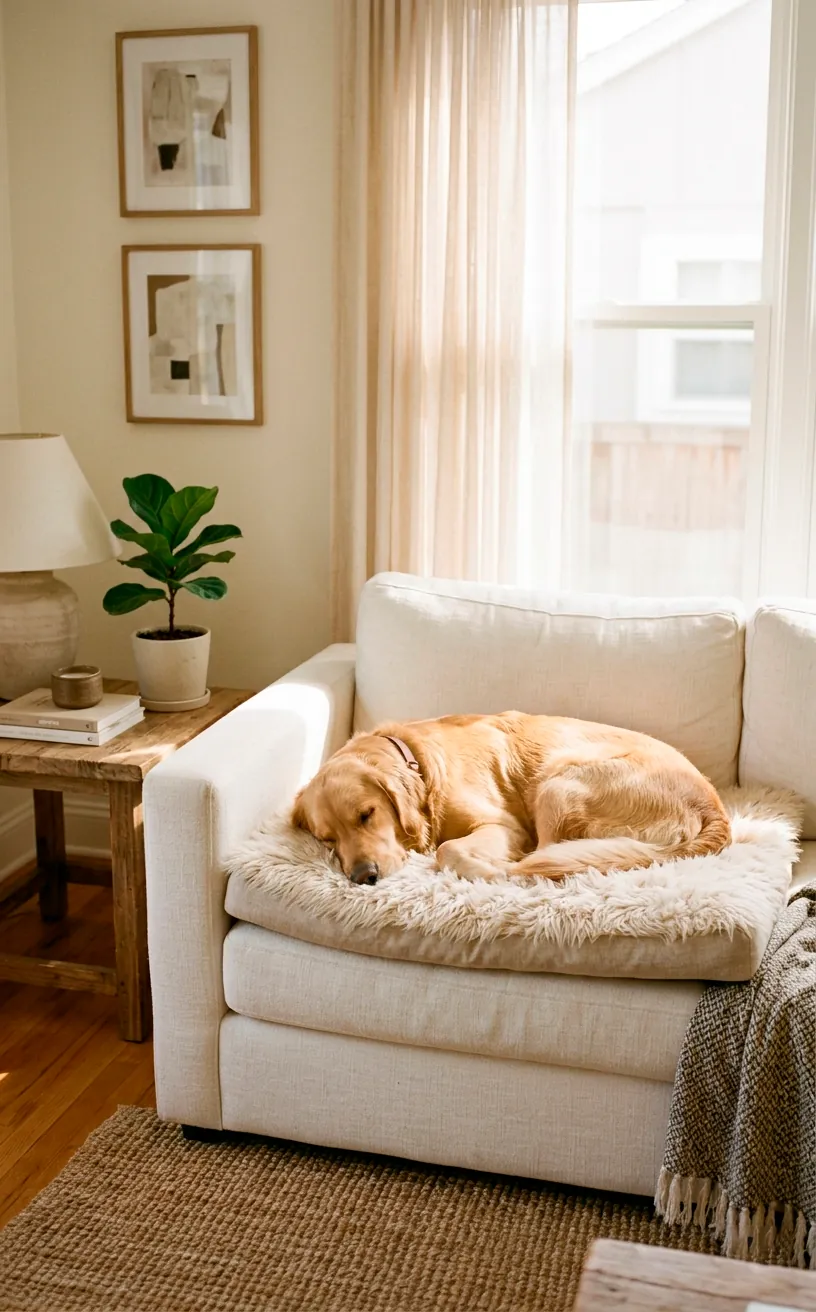 Golden retriever sleeping on a faux fur pet bed on a white couch