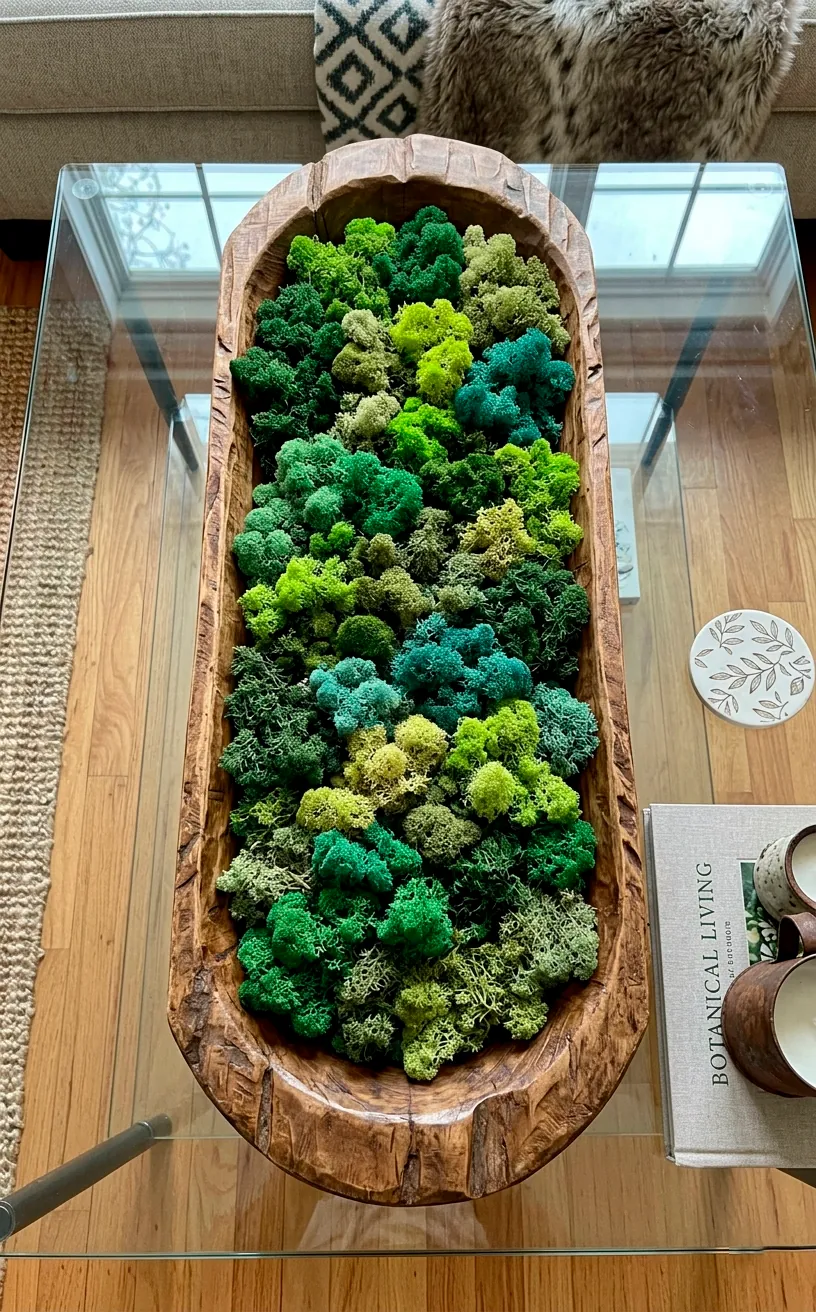 Hand-carved wooden dough bowl filled with vibrant preserved reindeer moss.