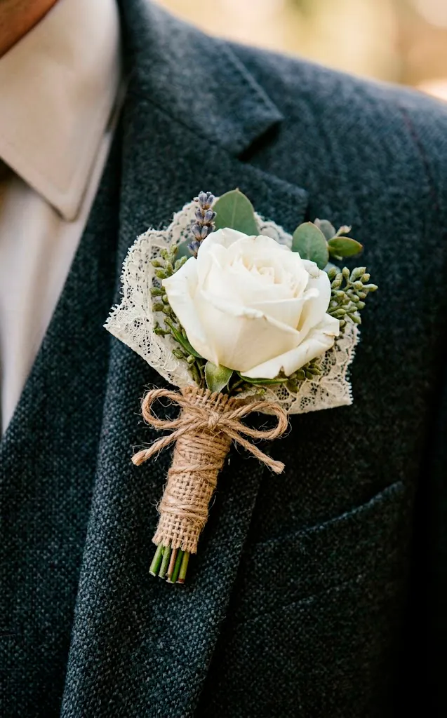 Groom's boutonniere featuring a white rose wrapped in twine with a delicate lace backing
