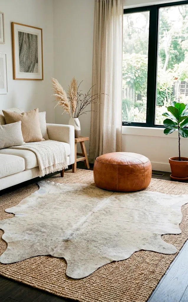 Neutral cream cowhide rug layered over a natural sisal rug.
