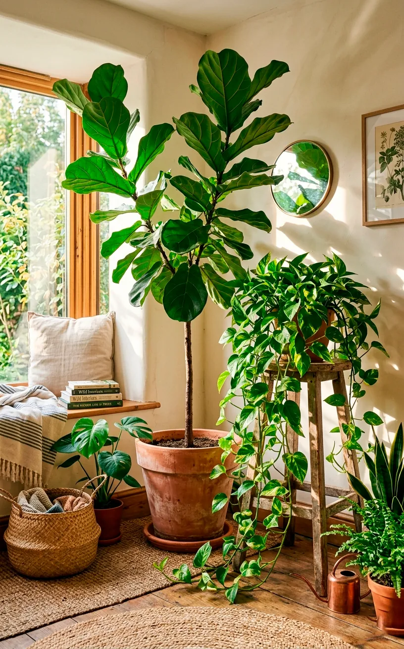 A bright living room corner filled with lush indoor plants, including a tall fiddle leaf fig and cascading pothos.