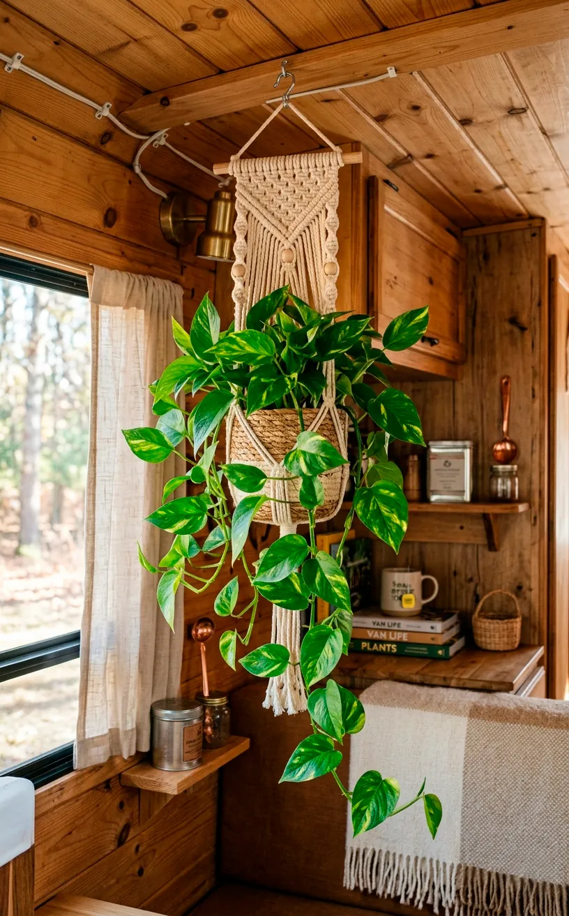 Green pothos plant hanging from a macrame planter inside a camper van.
