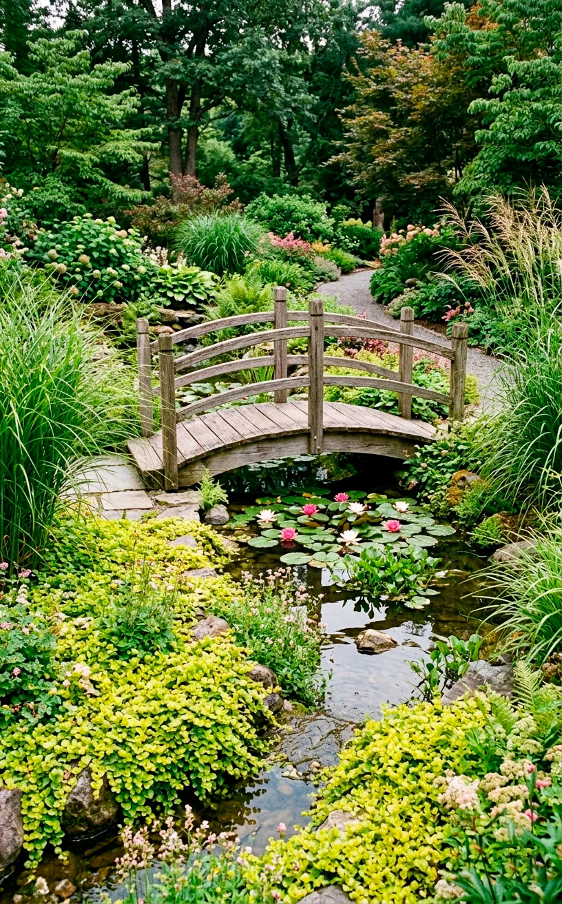 Lush garden landscaping with trailing plants and water lilies around a wooden bridge