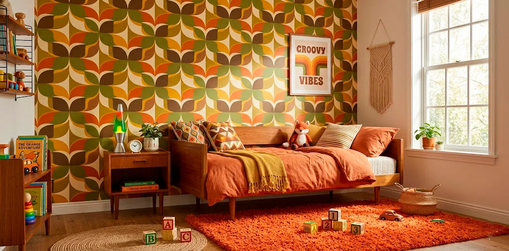 Wide view of a kids bedroom featuring funky 1970s retro geometric wallpaper with a yellow bed and shag rug.