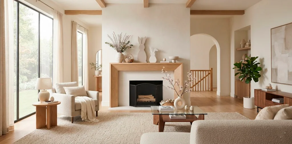 Modern minimalist living room featuring sophisticated Easter decor and subtle bunny motifs on a sleek mantel.