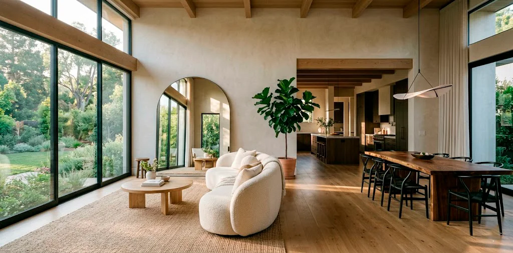 Wide view of a modern luxury open concept living room and dining area featuring high end statement furniture