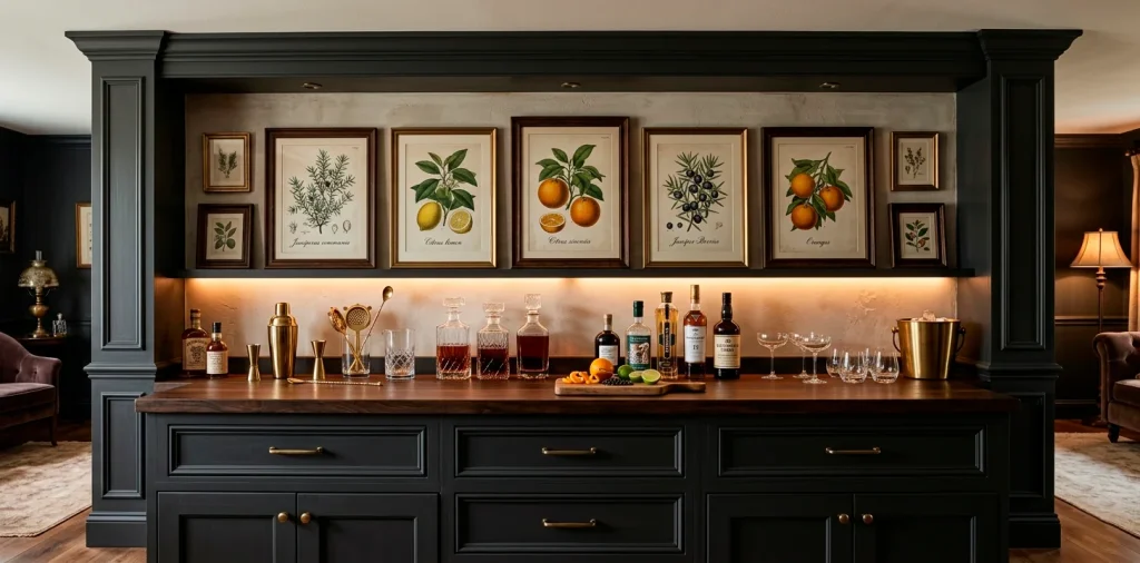 Moody home bar featuring dark charcoal cabinets, brass barware, and framed vintage botanical citrus prints.