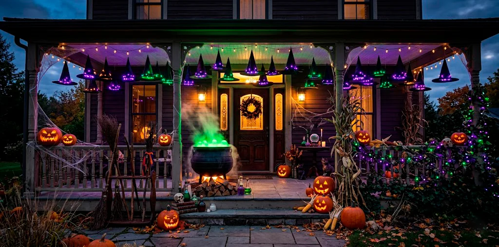 Whimsical Halloween porch decorated with vibrant purple and green witch themed elements.