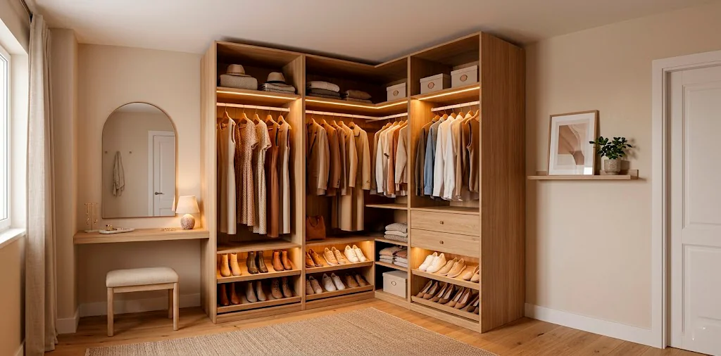 Beautifully organized small dressing room featuring a clever corner wardrobe unit with LED lighting