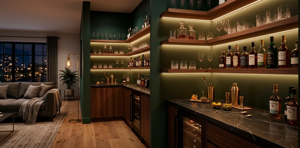 Cozy small corner home bar with vertical walnut floating shelves and moody green walls.