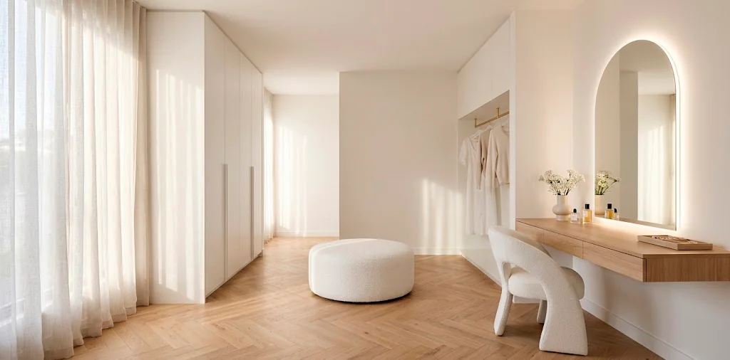 Serene minimalist white dressing room with sleek wardrobes, a plush central ottoman, and a glowing arched vanity mirror.