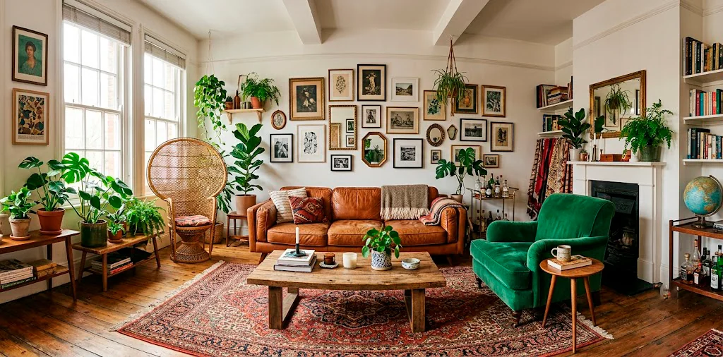Eclectic living room featuring a cognac leather sofa, green velvet armchair, and rattan peacock chair.