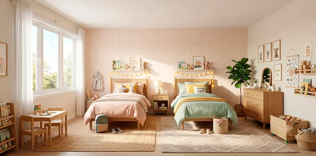 Beautifully styled shared kids bedroom featuring soft pastel tones of mint, blush, and yellow with natural wood twin beds.
