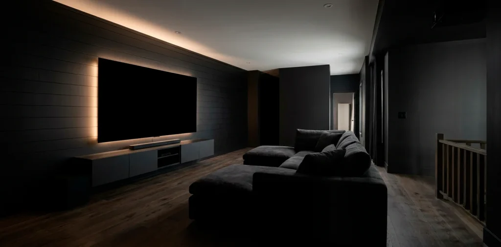 Sleek black TV wall in a modern home cinema featuring matte black shiplap, ambient LED backlighting, and floating console.