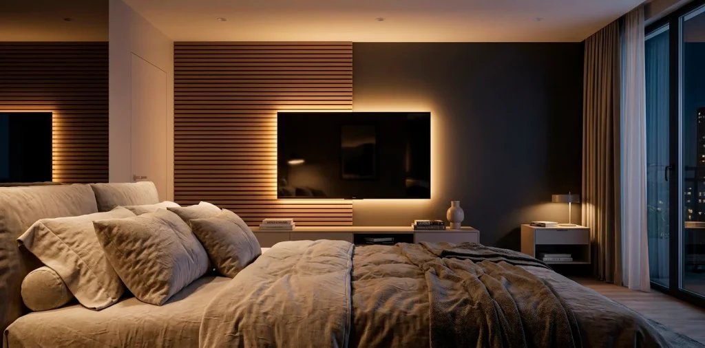 Wide view of a cozy bedroom at night featuring a modern TV wall with wood slats, warm backlighting, and a soft bed.