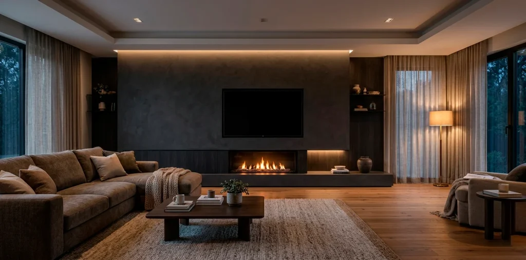 Cozy modern family room featuring a perfectly balanced fireplace and TV wall with warm lighting