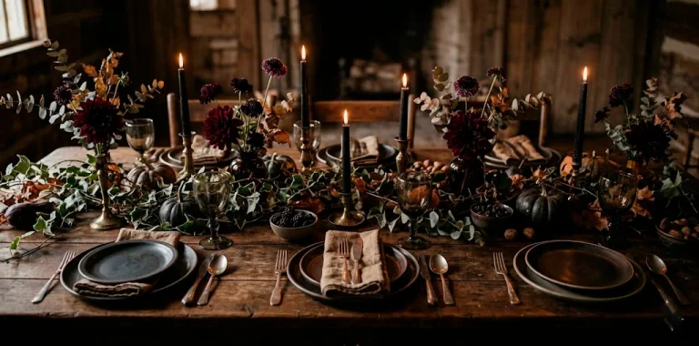 Dark cottagecore Thanksgiving tablescape featuring black candles, burgundy flowers, and rustic wooden elements.