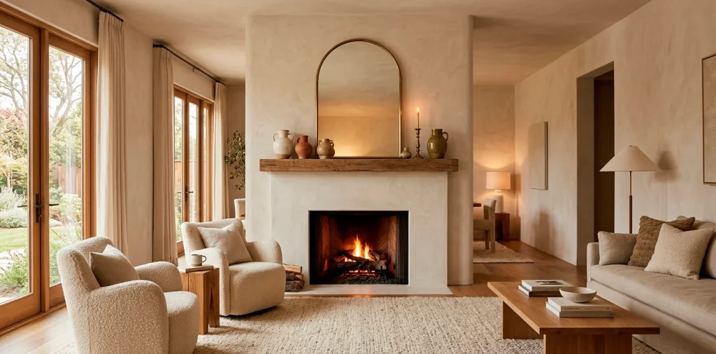 Modern organic living room centered on a beautifully styled plaster fireplace with a rustic wood mantel and seating.