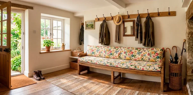 Wide view of a cottage entryway bench styled with a vibrant floral chintz cushion and vintage decor