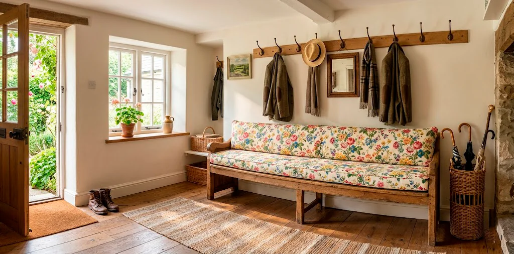 Wide view of a cottage entryway bench styled with a vibrant floral chintz cushion and vintage decor