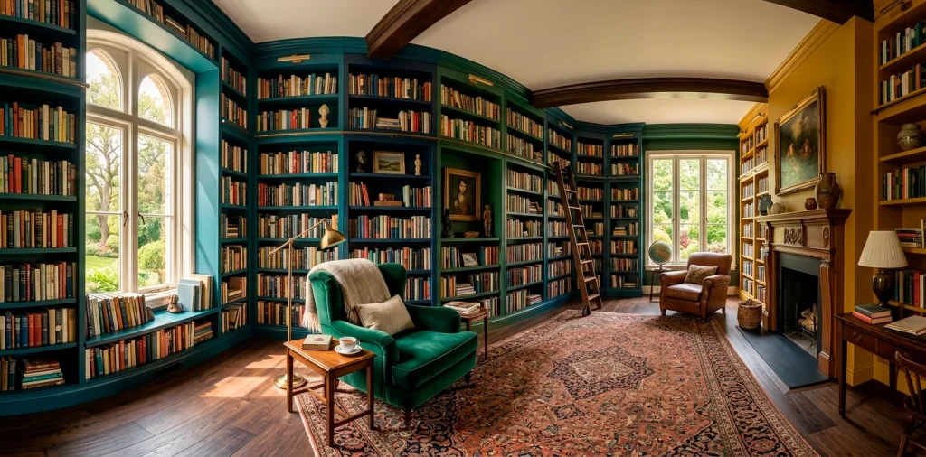 Wide panoramic view of a cozy home library with colorful bookshelves, natural light, and comfortable reading chairs.